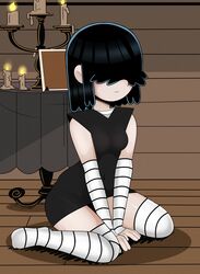  1girls attic candle dress female_focus full_body fully_clothed goth hair_covering_eye looking_at_viewer lucy_loud nickelodeon picture_frame pinup short_hair sitting sleeveless_shirt solo solo_female solo_focus sonson-sensei table the_loud_house thick_thighs thigh_highs thighs 