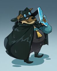  2024 4:5 alternate_species anthro black_nose breeze_in_the_clouds brown_body canid canine canis clothing coat domestic_dog hat headgear headwear hi_res male mammal overweight overweight_male racesolar rain_(breeze_in_the_clouds) raincoat simple_background solo topwear weapon wet 