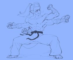  4_arms 5_fingers anthro biped claws clothed clothing daigo eyebrows fingers hair horn male monochrome multi_arm multi_limb muscular muscular_anthro muscular_male scalie solo tail topless topless_anthro topless_male 