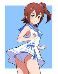  absurdres ass blue_background blue_neckerchief blue_sailor_collar breasts brown_hair closed_mouth commentary_request commission dress embarrassed female furrowed_brow hair_between_eyes hair_ornament hairclip highres idolmaster idolmaster_million_live! kasuga_mirai light_blush light_frown looking_at_viewer looking_back neckerchief nejime_(nejimeinu) official_alternate_costume one-piece_swimsuit outside_border pink_scrunchie sailor_collar sailor_one-piece_swimsuit sailor_swimsuit_(idolmaster) scrunchie side_ponytail sidelocks skeb_commission sleeveless small_breasts solo sweat swimsuit thighs white_dress yellow_eyes 