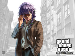  2girls adjusting_eyewear belt black_belt blazer blood blood_on_clothes blue_eyes bow braid brown_jacket car city closed_mouth collared_shirt commentary_request cookie_(touhou) cosplay cowboy_shot dimitri_rascalov dimitri_rascalov_(cosplay) grand_theft_auto grand_theft_auto_iv green_bow grey_hair hair_between_eyes hairbow hand_in_pocket highres izayoi_sakuya jacket long_sleeves looking_to_the_side maid_headdress megafaiarou_(talonflame_810) monochrome_background motor_vehicle multiple_girls nosebleed partial_commentary plaid plaid_jacket red-framed_eyewear remilia_scarlet ryuuga_(cookie) sakura_(cookie) shirt shirt_tucked_in short_hair solo_focus stairs standing touhou white_shirt 