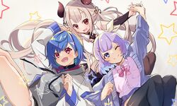  3girls black_skirt blazer blue_eyes blue_hair blush breasts cardigan collared_shirt colored_inner_hair demon_horns emma_august grey_hair grey_hoodie hair_behind_ear highres hood hoodie horns jacket medium_breasts meme multicolored_hair multiple_girls nijisanji nijisanji_kr nishizono_chigusa nishizono_chigusa_(1st_costume) nun_bora nun_bora_(2nd_costume) oerba_yun_fang one_eye_closed pink_shirt plaid plaid_skirt purple_cardigan red_eyes ruo19 school_uniform selene_girls_school_uniform shirt shirt_tucked_in short_hair skin_fang skirt smile thighhighs twintails virtual_youtuber white_jacket 