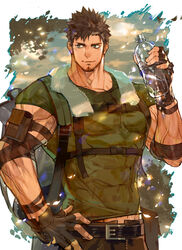  1boy abs armband backpack bag bara beard belt biceps bottle brown_hair chest_belt facial_hair forest gloves green_eyes highres long_sideburns male_focus manly military military_uniform muscular muscular_male nature navel nikism original pants pectoral_cleavage pectorals sideburns smile solo spiked_hair sweat thick_arms tight_clothes towel uniform veins water_bottle 