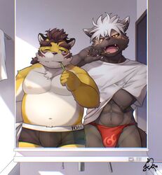  abs asian_clothing brown_hair brush brushing brushing_teeth bulge canid canine canis clothing digital_media_(artwork) domestic_dog east_asian_clothing felid fundoshi hair japanese_clothing lifewonders looking_at_viewer male mammal mirror morning muscular muscular_male nipples overweight overweight_male pantherine ponzu_tas red_eyes reflection solo tadatomo_(tas) tiger tired tokyo_afterschool_summoners toothbrush underwear white_hair yellow_sclera 