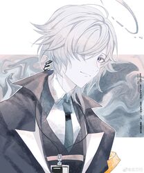  1boy absurdres ahoge arknights artist_name black_coat black_necktie blue_eyes closed_mouth coat collared_shirt enforcer_(arknights) grey_hair hair_over_one_eye halo highres id_card long_hair looking_at_viewer male_focus muted_color necktie shirt smile upper_body weibo_watermark white_shirt zuo_daoxing 