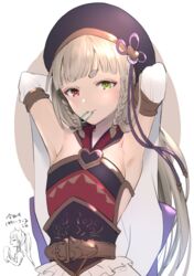  armpits arms_behind_head belt beret braid brown_eyes commentary_request detached_sleeves erune female granblue_fantasy green_eyes hair_tie hair_tie_in_mouth hat heterochromia kazuki_(ka3du6ki) long_hair mouth_hold pholia solo translated 