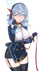  absurdres ako_(blue_archive) bell black_gloves black_skirt blue_archive blue_coat blue_eyes blue_hair blue_hairband breasts buttons coat cowbell cuffs double-breasted earrings female flying_sweatdrops garter_straps gloves gun hair_between_eyes hairband half_gloves halo handgun highres jewelry leash luger_p08 miniskirt neck_bell open_mouth raku_(clearpage) sideboob sideless_outfit sideless_shirt skirt solo thighhighs weapon 