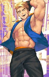  1boy abs bara black_gloves black_pants blonde_hair blue_eyes blue_vest gloves jewelry large_pectorals luke_sullivan male_focus muscular muscular_male navel necklace nipples one_eye_closed open_clothes open_vest pants pectorals sai_(serialmilq) scar scar_across_eye scar_on_cheek scar_on_face short_hair smile solo street_fighter street_fighter_6 vest 