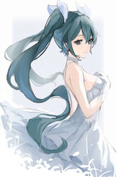  absurdres aqua_eyes aqua_hair bare_shoulders bow breasts closed_mouth commentary dress eyelashes female from_side gloves hair_between_eyes hairbow hand_on_own_chest hatsune_miku highres long_hair miku_day sleeveless sleeveless_dress small_breasts snozaki solo twintails vocaloid white_bow white_dress white_gloves 