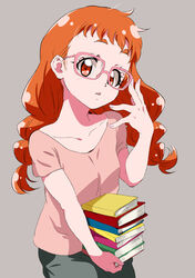  absurdres adjusting_eyewear arisugawa_himari blush book braid brown_eyes brown_hair collarbone commentary_request cowboy_shot female glasses green_skirt grey_background highres holding holding_book kirakira_precure_a_la_mode lips long_hair long_skirt looking_at_viewer nail_polish parted_lips pink-framed_eyewear pink_shirt precure raised_eyebrows round_teeth shirt sideways_glance simple_background skirt solo t-shirt tankobukids teeth twin_braids upper_teeth_only 