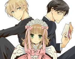  2boys bad_id bad_twitter_id black_hair blonde_hair blue_eyes book bow brown_hair dress fake_wings female flower formal frown glasses green_eyes hairband holding holding_book kinoshita_sakura koisuru_ojou-sama_wa_papa_to_yobitakunai lolicon lolita_fashion lolita_hairband long_hair looking_at_viewer multiple_boys noah_(papakoi) official_art pink_bow pink_dress rose sakaki_karen smile suit sweet_lolita wavy_hair white_flower white_rose white_wings wings yahiro_masamune 