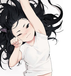  :3 animal_ears armpit_peek bad_id bad_pixiv_id black_eyes black_hair blush cat_ears closed_mouth commentary dongho_kang female flat_chest highres kemonomimi_mode long_hair looking_at_viewer lying messy_hair on_back one_eye_closed original paw_pose reaching reaching_towards_viewer shirt short_sleeves smile solo symbol-only_commentary tsurime upper_body white_shirt 