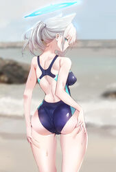  animal_ears ass ass_grab back back_cutout beach blue_archive blue_eyes blue_halo blue_one-piece_swimsuit blurry blurry_background blush breasts clothing_cutout commentary_request competition_swimsuit cowboy_shot day deep_skin depth_of_field earrings extra_ears female from_behind grabbing_own_ass grabbing_own_thigh grey_hair groin_tendon hair_between_eyes hair_tie half-closed_eyes halo highres impossible_clothes impossible_swimsuit jewelry korean_commentary looking_at_viewer looking_back median_furrow medium_breasts medium_hair mongsil naughty_face official_alternate_costume one-piece_swimsuit outdoors parted_lips ponytail profile shiroko_(blue_archive) shiroko_(swimsuit)_(blue_archive) short_ponytail sidelocks skindentation sky smile solo standing stud_earrings sweat swimsuit thighs water wolf_ears 