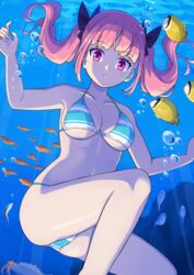  :t air_bubble animal anomalocaris bare_arms bare_legs bare_shoulders bikini black_bow bow breasts bubble cleavage closed_mouth commentary_request day feet_out_of_frame female fish freediving hairbow halterneck hands_up highres holding_breath looking_at_viewer medium_breasts ocean original pink_hair prehistoric_animal purple_eyes red_hair solo string_bikini striped_bikini striped_clothes swimming swimsuit tsunaso_(lack_of_sunlight) twintails underwater water 