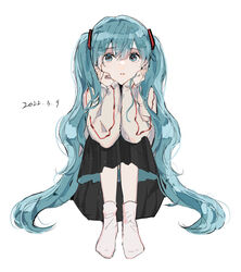  bad_id bad_pixiv_id black_skirt blue_eyes blue_hair closed_mouth commentary dated female full_body hagimorijia hands_on_own_cheeks hands_on_own_face hatsune_miku head_rest highres long_hair long_sleeves looking_at_viewer no_shoes shirt simple_background sitting skirt socks solo straight-on twintails very_long_hair vocaloid white_background white_shirt white_socks 