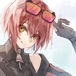  aogiri_koukou bare_shoulders black_gloves blush closed_mouth detached_sleeves eyewear_on_head female glasses gloves green_eyes highres ishikari_akari looking_at_viewer partially_fingerless_gloves red_hair short_hair smile solo soranaut upper_body virtual_youtuber white_background 