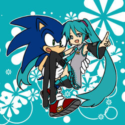  2013 abstract_background anthro black_clothing black_legwear blue_background blue_body blue_fur blue_hair bottomwear bridal_carry bukikobuta carrying_another clothing crossover duo eulipotyphlan female footwear fur gesture gloves green_eyes hair hand_gesture handwear hatsune_miku hedgehog human legwear male mammal open_mouth open_smile pointing sega shoes simple_background skirt smile sonic_the_hedgehog sonic_the_hedgehog_(series) vocaloid 