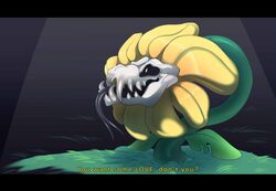  black_bars black_sclera creepy detailed_background elemental_creature english_text fangs flora_fauna flower flower_creature flowey_the_flower forked_tongue grass leaf letterbox male nightmare_fuel not_furry open_mouth petals plant qwertydragon scary smile solo teeth text tongue undertale undertale_(series) 