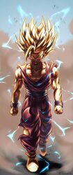  1boy angry aura bare_arms blonde_hair blue_eyes commentary dragon_ball dragon_ball_z highres large_pectorals male_focus muscular muscular_child muscular_male pectoral_cleavage pectorals simple_background solo son_gohan spiked_hair super_saiyan super_saiyan_2 torn_clothes walking xalice18 