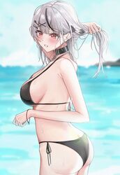  amyu_(amm_asl_pa) ass bad_id bad_pixiv_id bare_shoulders bikini black_bikini black_collar black_hair blurry blurry_background blush breasts cleavage collar cowboy_shot day ear_piercing female from_side grey_hair hair_ornament halterneck highres hololive large_breasts long_hair looking_at_viewer multicolored_hair outdoors piercing red_eyes sakamata_chloe side-tie_bikini_bottom sideboob sky solo standing streaked_hair string_bikini swimsuit virtual_youtuber wet x_hair_ornament 