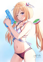  aki_rosenthal aki_rosenthal_(hololive_summer_2019) bare_arms bare_shoulders bikini blonde_hair blue_eyes blush bob_cut breasts collarbone commentary cowboy_shot detached_hair female gradient_background grey_background grin gun handgun headgear highres holding hololive long_hair looking_at_viewer low_twintails multi-strapped_bikini navel one_eye_closed parted_bangs sig_sauer sig_sauer_p320 signature simple_background skyrail smile solo swimsuit twintails virtual_youtuber water_gun weapon 