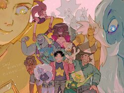  2boys 6+girls amethyst_(steven_universe) bad_id bad_twitter_id beard bismuth_(steven_universe) black_hair blue_diamond_(steven_universe) blue_hair blue_skin broken_horn chest_jewel colored_skin commentary connie_maheswaran dark_skin everyone facial_hair forehead_jewel garnet_(steven_universe) giant giantess green_skin greg_universe horns jacket jasper_(steven_universe) lapis_lazuli_(steven_universe) multiple_boys multiple_girls open_mouth pale_skin pearl_(steven_universe) peridot_(steven_universe) pink_hair purple_hair sakakikaga short_shorts shorts smile spinel_(steven_universe) star_(symbol) steven_quartz_universe steven_universe sunglasses third_eye translated waving white_diamond_(steven_universe) yellow_diamond_(steven_universe) yellow_skin 