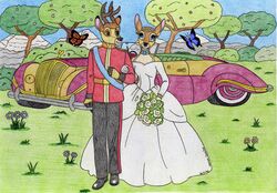  anthro anthrofied antlers arthropod bambi bambi_(film) belt bottomwear buick_skylark butterfly car clothing deer digit_ring disney dress duo elegant faline_(bambi) female flower footwear gloves grass handwear hi_res horn insects jewelry lepidopteran male male/female mammal mountain mule_deer nature new_world_deer plant ring rolls-royce shoes shrub skirt sky traditional_media_(artwork) tree uniform vehicle wedding wedding_dress wedding_ring 