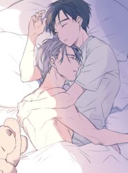  2boys black_hair canine closed_eyes commentary_request grey_hair hug katsuki_yuuri kuroemon lying makkachin male_focus multiple_boys on_side parted_lips pillow shirt sleeping t-shirt topless_male under_covers viktor_nikiforov yaoi yuri!!!_on_ice 