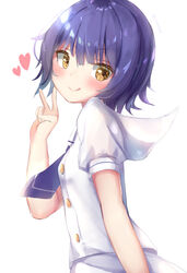  :q bad_id bad_pixiv_id blue_hair blue_neckwear blush breasts brown_eyes closed_mouth commentary_request female gochuumon_wa_usagi_desu_ka? hair_between_eyes hand_up heart highres jouga_maya kafuu_chino&#039;s_school_uniform natuna_natu puffy_short_sleeves puffy_sleeves school_uniform shirt short_hair short_sleeves simple_background skirt small_breasts smile solo tongue tongue_out v v-shaped_eyebrows white_background white_shirt white_skirt 