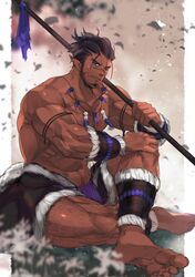  1boy abs anklet armband bara beard black_hair body_hair broad_shoulders chest_hair dark_skin facial_hair fundoshi gauntlets hairy highres japanese_clothes jewelry lance large_pectorals leg_hair long_sideburns male_focus manly muscular muscular_male navel navel_hair necklace nikism one_eye_closed original pectorals pointy_ears polearm sideburns sitting skirt smile solo thick_arms thick_thighs thighs weapon 