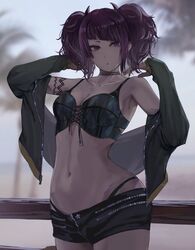  bad_id bad_pixiv_id bikini bikini_under_clothes blurry breasts choker cleavage collarbone cowboy_shot depth_of_field diagonal_bangs female fence idolmaster idolmaster_shiny_colors jacket midriff minyom navel palm_tree post_and_rail_fence purple_eyes purple_hair short_shorts short_twintails shorts solo stomach swimsuit tanaka_mamimi tree twintails wooden_fence 