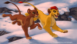  2022 all_fours canon_couple clenched_teeth disney duo eye_scar facial_scar fangs felid female feral footprint jumping kion_(the_lion_guard) lion male mammal open_mouth pantherine pawpads rani_(the_lion_guard) reallynxgirl running scar smile snow teeth the_lion_guard the_lion_king whiskers 