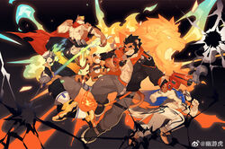  4boys abs alca_(wakatanka4) alca_the_lion alternate_weapon animal_ears armlet bara bare_pectorals beard beenic black_hair blue_cape cape dog_boy dual_wielding facial_hair fiery_headphones fire flame-tipped_tail flaming_sword flaming_weapon full_body furry furry_male grey_fur gun gyee highres holding holding_gun holding_weapon jaguar_boy large_pectorals leg_wrap lion_boy lion_ears lion_tail male_focus mature_male multiple_boys muscular muscular_male navel nipple_piercing nipple_rings nipples original pants pectorals piercing pyrokinesis romg romg_the_jaguar running short_hair stomach tail thick_eyebrows thick_thighs thighs track_pants uutiger weapon zixiong_zix 