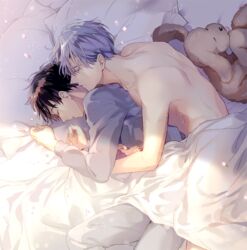  2boys black_hair canine closed_eyes clothed_male_nude_male commentary_request couple cuddling grey_hair hug hug_from_behind katsuki_yuuri kuroemon lying makkachin male_focus multiple_boys nude on_side petals pillow sleeping spooning topless_male under_covers viktor_nikiforov yaoi yuri!!!_on_ice 