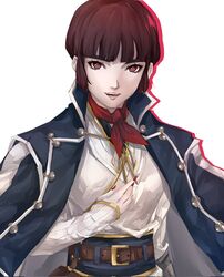  bad_id bad_twitter_id blunt_bangs breasts brown_eyes brown_hair coat female highres isabeau_(megami_tensei) looking_at_viewer pertex_777 red_eyes shin_megami_tensei shin_megami_tensei_iv short_hair simple_background smile solo white_background 