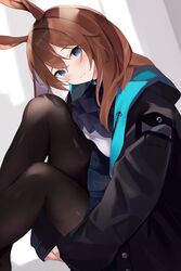  absurdres amiya_(arknights) animal_ears arknights black_jacket black_pantyhose black_skirt blue_eyes blush brown_hair closed_mouth commentary feet_out_of_frame female hair_between_eyes head_tilt highres hood hood_down hooded_jacket infection_monitor_(arknights) jacket knees_up long_hair long_sleeves looking_at_viewer mizu_(lzzrwi603) open_clothes open_jacket pantyhose pleated_skirt puffy_long_sleeves puffy_sleeves rabbit_ears shirt skirt sleeves_past_wrists solo white_shirt 