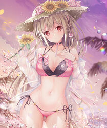  absurdres bare_shoulders bikini black_choker braid breasts brown_hair brown_hat choker cowboy_shot female flower halterneck hand_on_own_chest hand_up has_bad_revision has_downscaled_revision hat hat_flower highres holding jacket large_breasts long_hair looking_at_viewer maeda_shiori md5_mismatch multi-strapped_bikini navel off_shoulder open_clothes open_jacket original outdoors pink_bikini red_eyes resolution_mismatch solo source_smaller sousouman stomach straw_hat string_bikini sunflower sunset swimsuit two-tone_bikini water wet white_jacket 