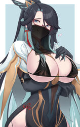  :p absurdres bad_id bad_pixiv_id black_bra black_hair black_veil blue_background blue_eyes blue_hair border bra breasts capelet cloud_retainer_(genshin_impact) commentary earrings female genshin_impact glasses gloves hair_ornament hand_on_own_chest highres jewelry kanta_(kanta_077) large_breasts leotard long_hair long_sleeves looking_at_viewer mouth_veil multicolored_hair parted_bangs semi-rimless_eyewear shoulder_cape side_slit solo tassel tassel_earrings tongue tongue_out two-tone_hair underwear veil very_long_hair white_border xianyun_(genshin_impact) 