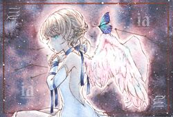  absurdres bare_shoulders blonde_hair blue_butterfly blue_eyes braid bug butterfly constellation dress feathered_wings female french_braid from_side highres limited_palette original painting_(medium) short_hair sky solo star_(sky) starry_sky tpamjdsta_(usatokurasu) traditional_media virgo_(constellation) virgo_(zodiac) watercolor_(medium) white_dress white_wings wings zodiac 