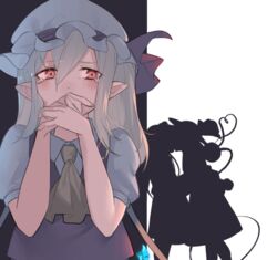  3girls around_corner ascot bad_id bad_twitter_id black_background blonde_hair commentary_request covering_own_mouth crying crystal dress fairy_maid_(touhou) flandre_scarlet hair_between_eyes hand_over_own_mouth hands_up hat hat_ribbon kissing komeiji_koishi light long_hair looking_to_the_side maid_headdress medium_hair mob_cap multiple_girls pointy_ears puffy_short_sleeves puffy_sleeves red_dress red_eyes red_ribbon ribbon sad shadow shirt short_sleeves silhouette soku_(bluerule-graypray) solo_focus tearing_up tears third_eye touhou wall white_background white_headwear white_shirt wings yellow_ascot yuri 