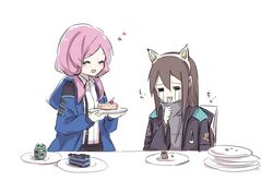  2girls animal_ears arknights blue_jacket blue_poison_(arknights) blue_poison_(elite_ii)_(arknights) blush brown_hair cake cat_ears closed_eyes collared_shirt commentary crying doctor_(arknights) eating fake_animal_ears feeding female_doctor_(arknights) food fork hairband hand_on_wall heart hood hooded_coat jacket long_hair multiple_girls nejikyuu pink_hair plate shirt simple_background streaming_tears tears twintails white_hair 