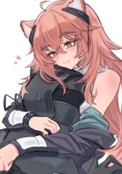  1other :d animal_ear_fluff animal_ears arknights bare_shoulders black_gloves blush bracelet doctor_(arknights) female gloves gravel_(arknights) headgear heart highres hug infection_monitor_(arknights) jewelry long_hair long_sleeves looking_at_another looking_down mask off_shoulder parted_lips pink_hair red_eyes shino_duka simple_background smile sweatdrop upper_body white_background 