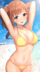  :d armpits arms_up ass_visible_through_thighs beach bikini blue_sky blurry blurry_background blush breasts brown_eyes brown_hair cleavage collarbone commentary_request commission cowboy_shot day depth_of_field female halterneck highres idolmaster idolmaster_cinderella_girls igarashi_kyoko long_hair looking_at_viewer md5_mismatch medium_breasts navel ocean open_mouth outdoors pixiv_commission side_ponytail skindentation sky smile solo splashing stomach string_bikini swimsuit thigh_gap u_rin water yellow_bikini 