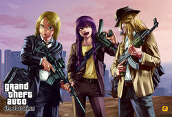  2boys 6_9 ak-74 ar-15 assault_rifle atouda_ako_(character) belt black_bag black_jacket black_pants blazer blonde_hair blunt_bangs brown_headwear brown_jacket brown_necktie brown_pants city cookie_(touhou) covered_face cowboy_hat cowboy_shot empty_eyes female genderswap_(ftm) grand_theft_auto grand_theft_auto_v grin gun gun_sling h&amp;k_mp5 hat hazuna_rio highres holding holding_gun holding_weapon jacket kalashnikov_rifle kirisame_marisa lazy_eye long_hair looking_at_another looking_to_the_side megafaiarou_(talonflame_810) multiple_boys necktie open_mouth pants patchouli_knowledge purple_eyes rifle rule_63 shirt shirt_tucked_in smile standing submachine_gun t-shirt taisa_(cookie) teeth touhou weapon white_shirt yellow_eyes yellow_jacket yellow_shirt 