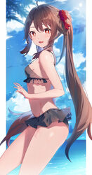  :d absurdres ahoge alternate_costume bare_arms bare_shoulders bikini black_bikini breasts brown_hair commentary_request female genshin_impact groin hair_ornament hair_scrunchie highres hu_tao_(genshin_impact) long_hair looking_at_viewer no_headwear open_mouth red_eyes red_scrunchie scrunchie small_breasts smile snozaki solo standing stomach swimsuit thighs twintails very_long_hair 