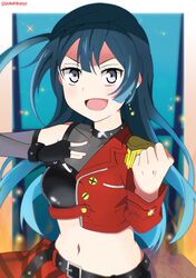  asymmetrical_clothes belt birthday black_hair blue_hair breasts collarbone commentary_request dive!_(love_live!) earrings female fingerless_gloves gloves gradient_hair grey_hair highres jewelry looking_at_viewer love_live! love_live!_nijigasaki_high_school_idol_club medium_breasts midriff multicolored_hair navel one_side_up pokehikaxyz see-through sidelocks single_earring solo twitter_username upper_body yuki_setsuna_(love_live!) 