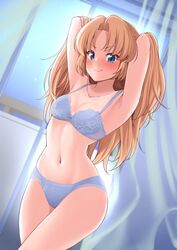  armpits arms_behind_head arms_up bad_id bad_twitter_id blonde_hair blue_bra blue_eyes blue_panties blush bra breasts cleavage commission curtains dream_c_club_(series) dream_c_club_gogo. female hisakabe_oto indoors long_hair looking_at_viewer navel panties seira_(dream_c_club_gogo.) skeb_commission smile solo thighs underwear underwear_only window 