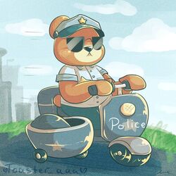  1:1 2020 animal_crossing anthro bear belly bottomwear clothing eyewear hat headgear headwear mammal nintendo outside pants police police_badge police_hat police_uniform shirt slightly_chubby solo sunglasses teddy_(animal_crossing) toaster_aaa topwear uniform 