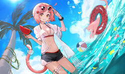  aito animal animal_ears arknights arm_up ball beachball bikini black_shorts blue_sky breasts brown-tinted_eyewear brown_eyes cat_ears cat_girl cat_tail cleavage closed_mouth cloud commentary_request day eyewear_on_head feline female flower flower_on_liquid food frilled_bikini frills fruit goldenglow_(arknights) goldenglow_(summer_flowers)_(arknights) hair_ornament hairclip highres holding holding_food jacket navel open_clothes open_jacket outdoors palm_tree parted_bangs petals petals_on_liquid pink_hair puffy_short_sleeves puffy_sleeves red_flower short_shorts short_sleeves shorts sky small_breasts smile solo swimsuit tail tinted_eyewear tree water watermelon watermelon_slice white_bikini white_flower white_jacket yellow_flower 