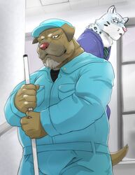  age_difference anthro beard blue_uniform brown_body canid canine canis debirobu domestic_dog duo facial_hair felid fur grey_body grey_fur grumpy hi_res janitor male mammal office_clothing office_worker older_male pantherine red_nose slightly_chubby slightly_chubby_anthro slightly_chubby_male snow_leopard 